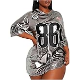 OYOANGLE Women's Jersey Dress Silver T-Shirt Oversized Y2k Number Print Short Sleeve V Neck Tees Party Top Shirt Dresses