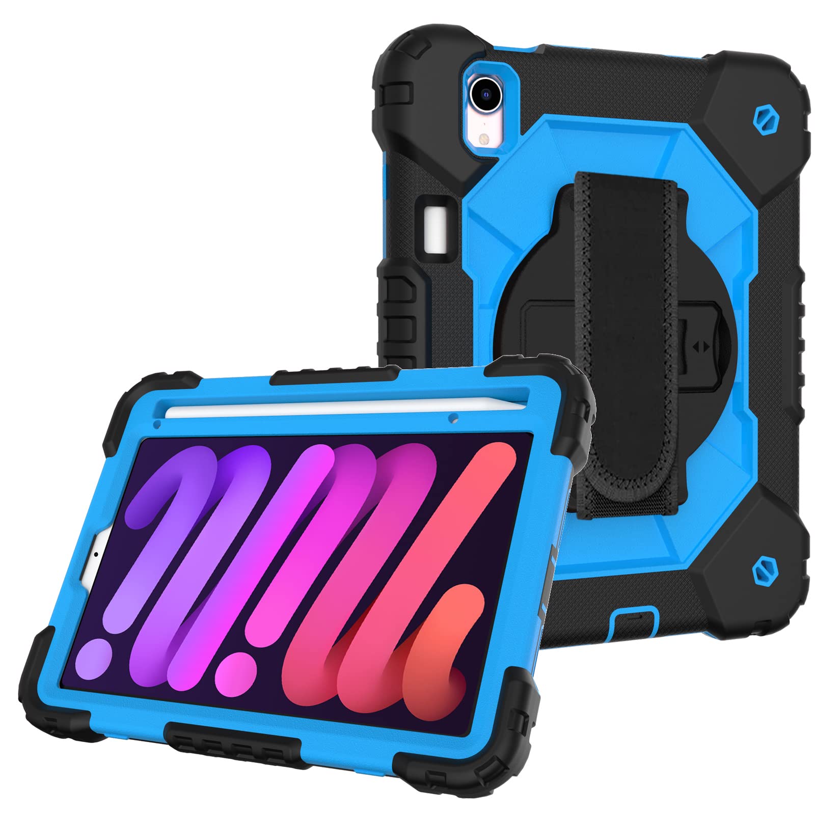Bspring iPad Mini 6 Case (6th Generation 8.3 inch) 2021 with Pencil Holder 360 Stand Hand Strap Kids Shockproof Heavy Duty Rugged Cover for iPad Mini 6th Generation,Black+Blue