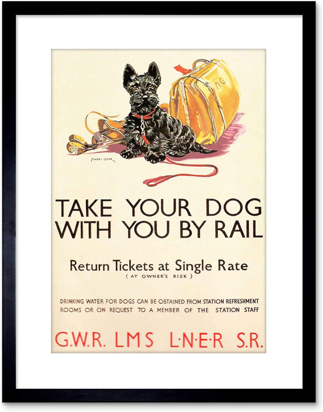 The Art Stop Travel Vintage AD Policy Dogs Rail Train Scottish Terrier Framed Print F97X6869