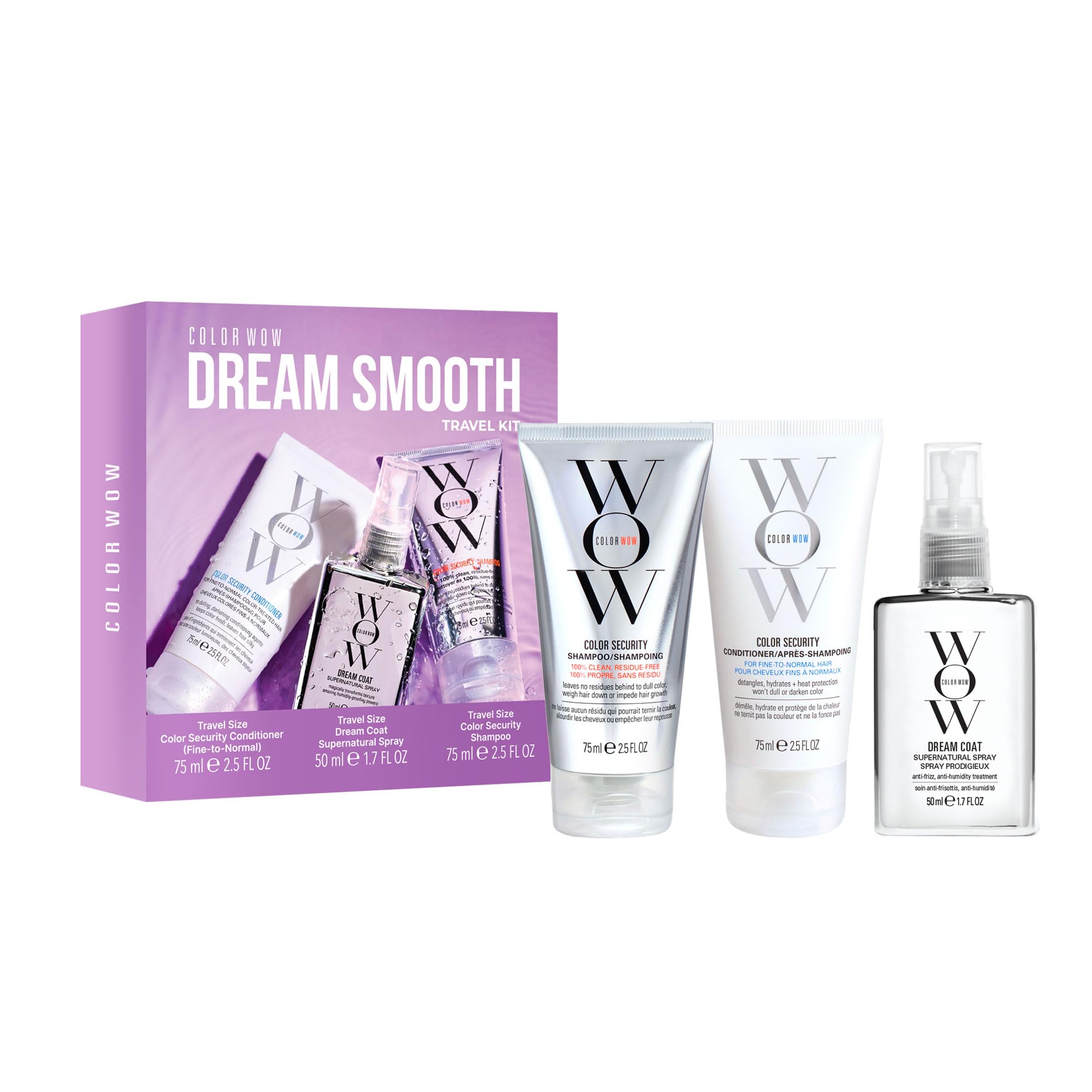 COLOR WOW Dream Smooth Travel Kit – Frizz-Fighting Essentials for Sleek, Glossy Hair | Mini Dream Coat, Shampoo + Conditioner | Humidity-Proof, Weightless Shine On The Go
