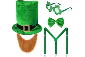 BEIPEGIN Men‘s Leprechaun Costume with Leprechaun Hat Beard Bow Suspender, Shamrock Glasses,St Patrick's Day Costume for Irish Party