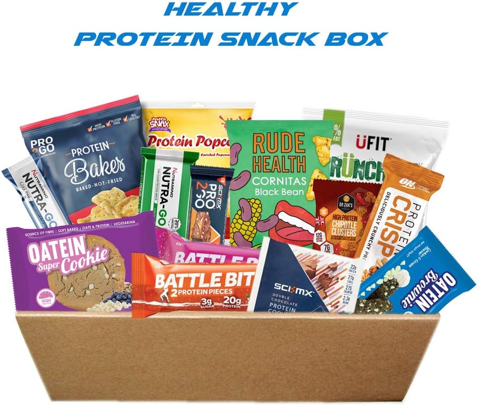 Healthy Protein Snacks Gift Hamper Basket Box For Him / Her ( UFit Crunchers Chips / Novo Protein Bites / Lean Chips / Protein Snax Popcorn / Chocolate Crispies / ON Cake Bites / Buff Bake Protein Sandwich Cookies / Nutramino Cake Bar / Professor Protein Chocolate )