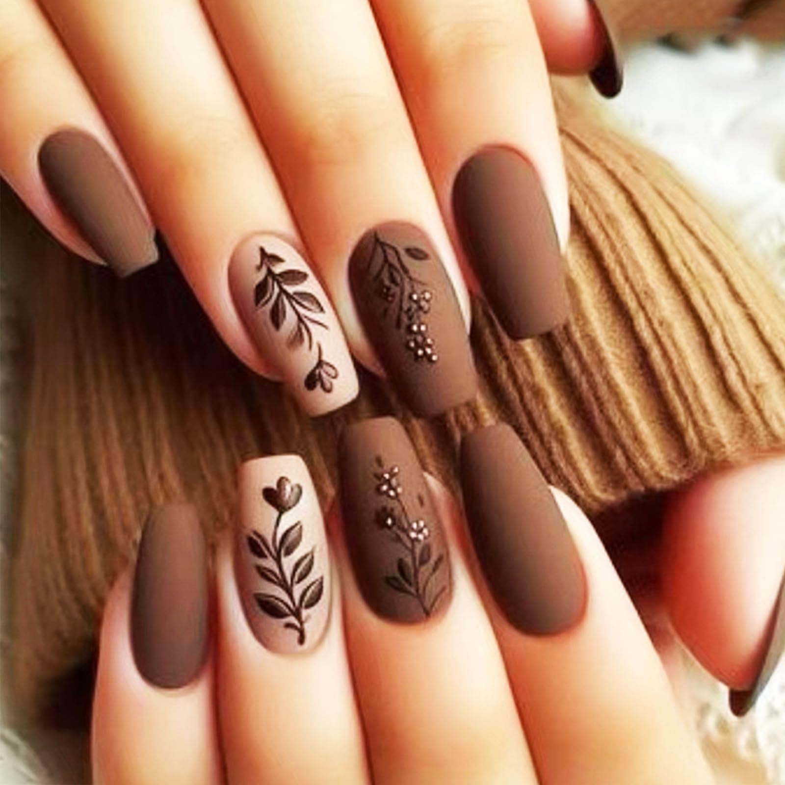 Photo 1 of Brown Rose Press on Nails Medium Coffin Valentines Acrylic Fake Nails 24Pcs Glossy White Flower False Nails Leaves Stick on Nails Valentine's Day Gift Gel Glue on Nails for Women Girls