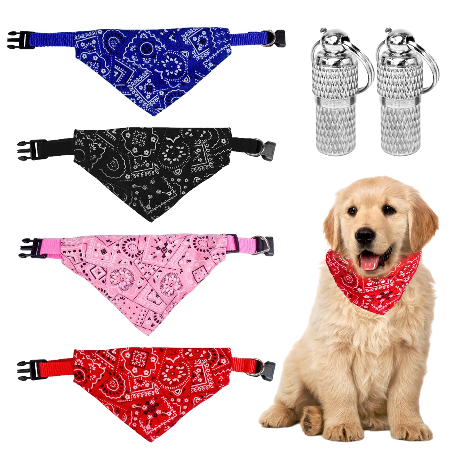 4Pet Triangle Pet Bandana Set, 2 Message Pendants Each - Adjustable Dog Scarves for Holidays, Cute Pattern (Red, Blue, Black, Pink)