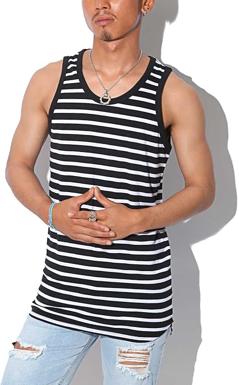 Amazon 天竺ボーダータンクトップ タンクトップ メンズ ロング丈 ボーダー Bitter ビター ブラック ホワイトl タンクトップ 通販