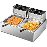 ROVSUN 22.8QT Commercial Deep Fryer with Baskets &amp; Lids, 21.8L Stainless Steel Electric Double Fryer, Countertop Kitchen Frying Machine w/Temperature Control, French Fries Donuts 3400W
