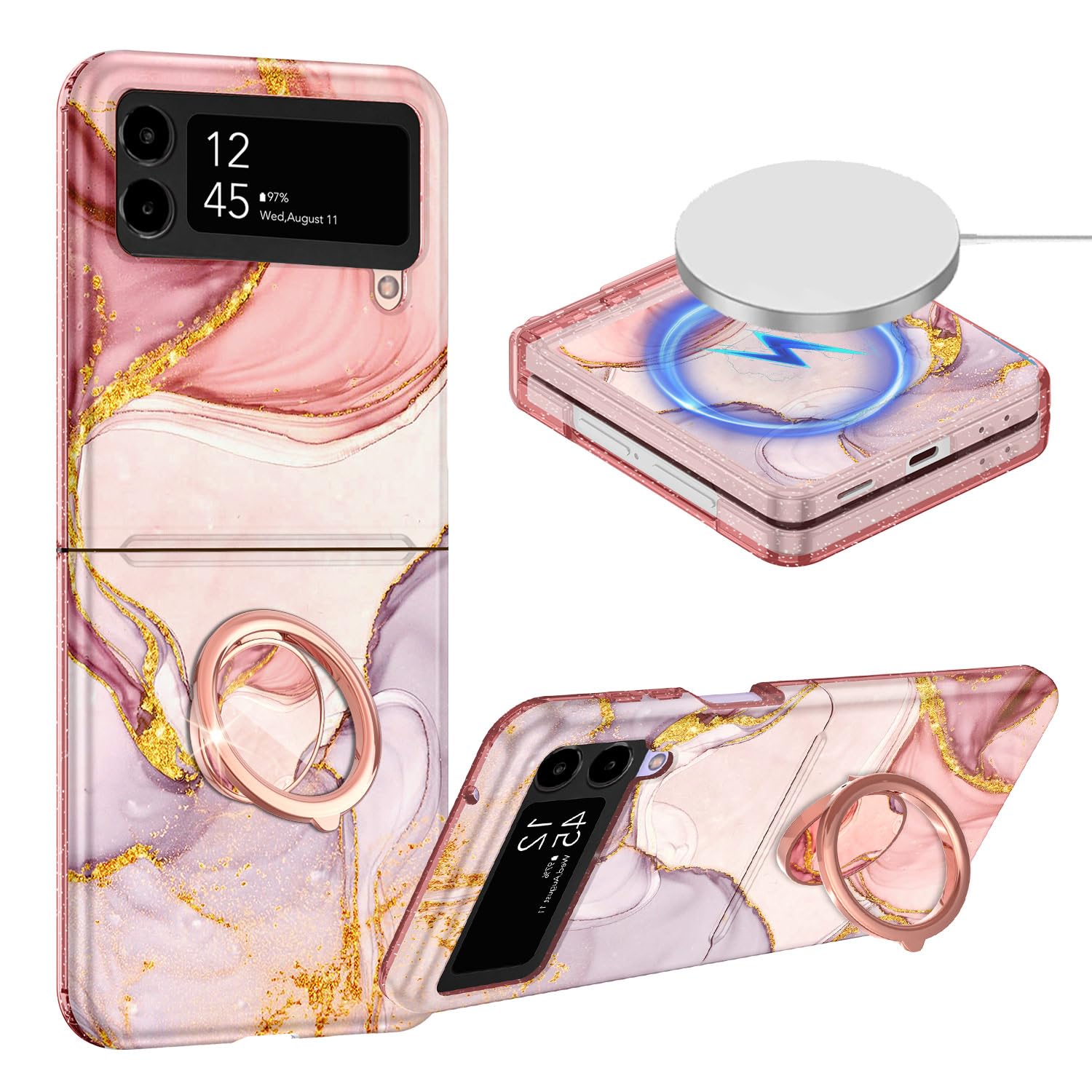 Hekodonk for Galaxy Z Flip 3 Case,[Compatible with MagSafe][Glow in The Dark][Front Screen Protector][Stand][Hinge Protection],Slim Fit for Women Girls for Samsung Galaxy Z Flip 3,Rose Gold