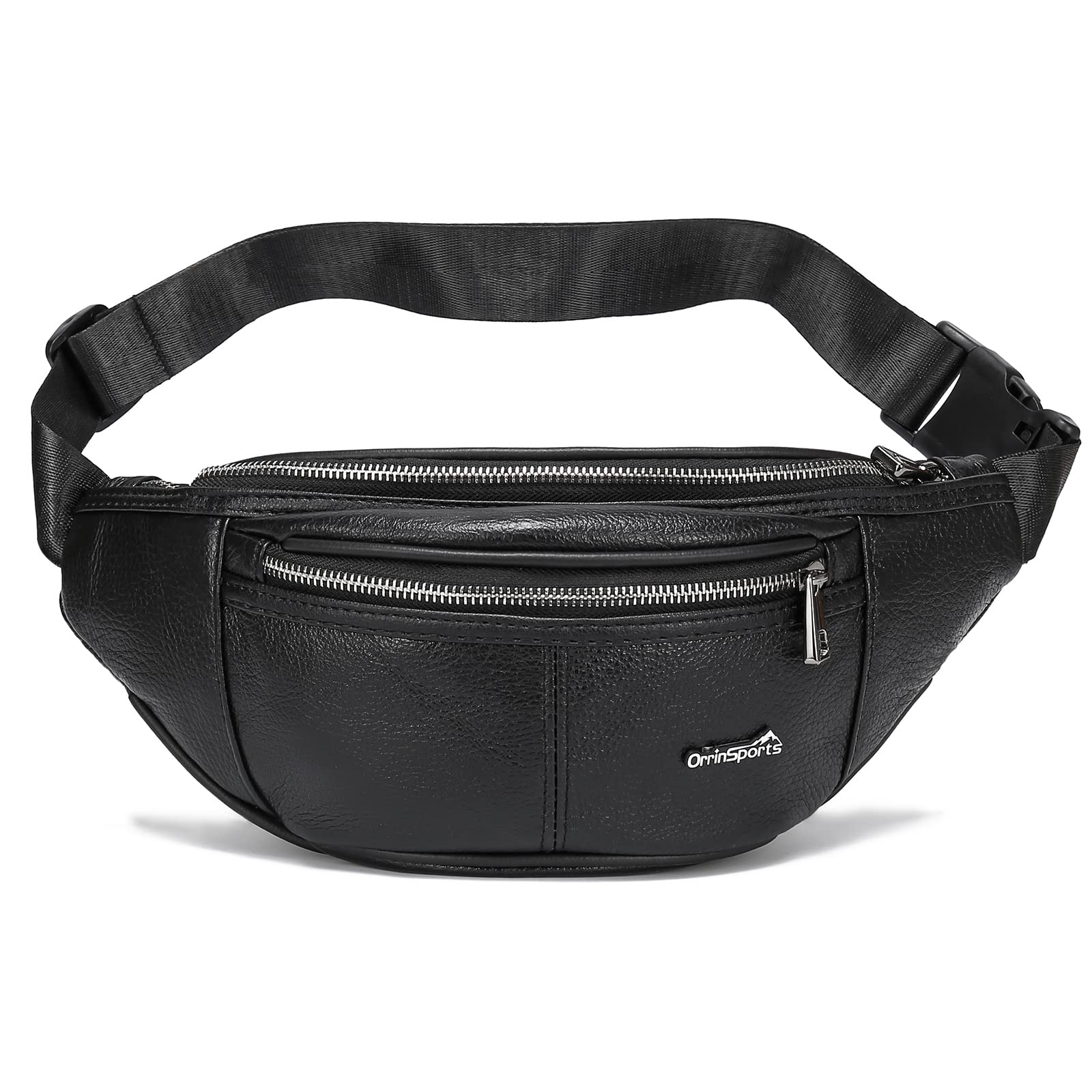OrrinSports Black Fanny Pack for Men Genuine Leather Waist Bag Multiple Pockets Metal Zippers Belt Bag for Travel Hiking Cycling Fishing