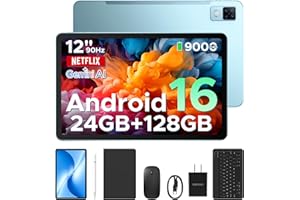 DOOGEE U12 Android 16 Tablet, 12 Inch Tablette FHD+ 90Hz Display, 24GB RAM 128GB ROM/2TB TF, Massive 9000mAh, T7255 Octa-Core