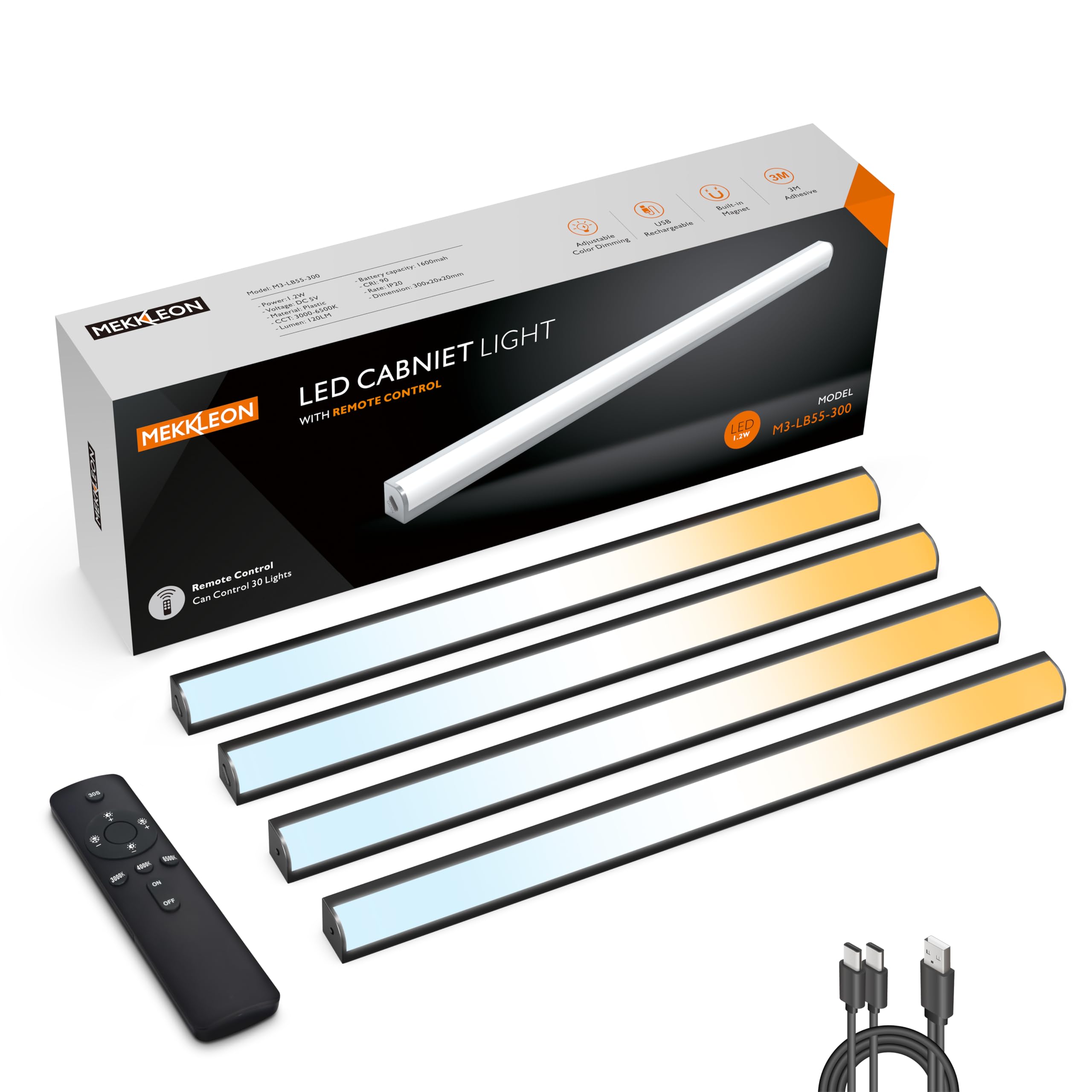 Photo 1 of MEKKLEON Under Cabinet Lights Remote Control,4 Pack Magnetic Rechargeable Light bar,Under Cabinet Lighting Wireless,Ceiling and Under Counter Lights for Kitchen,Wardrobe,Shelf (Black, 30 CM)
