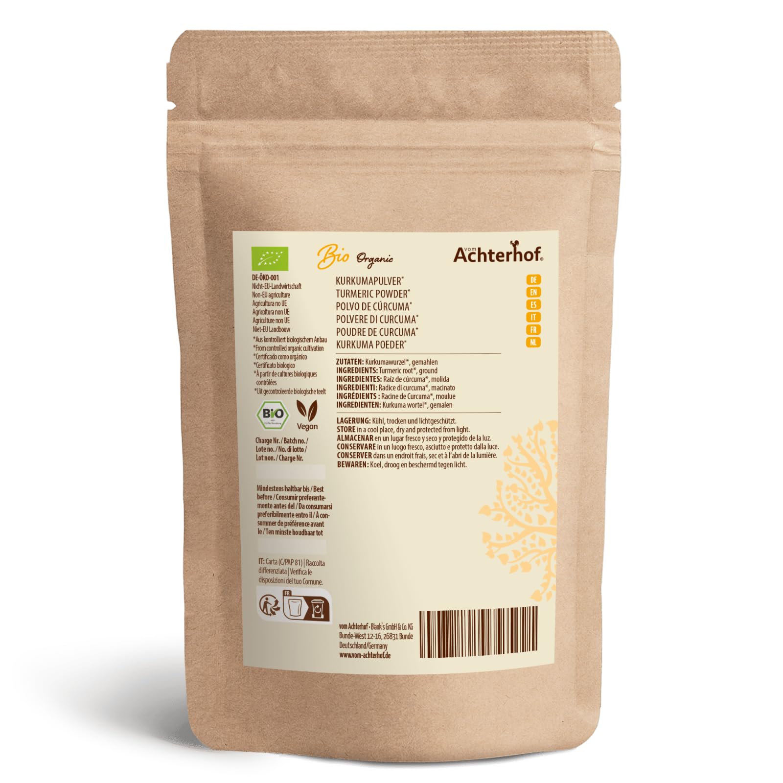 Kurkuma Pulver 1000g | fein gemahlene Kurkumawurzel in Bio-Qualität | Ideal zur Zubereitung einer Goldenen Milch, als Zugabe in Tee, asiatischen Gerichten, würzigen Suppen & Co | vom Achterhof 6