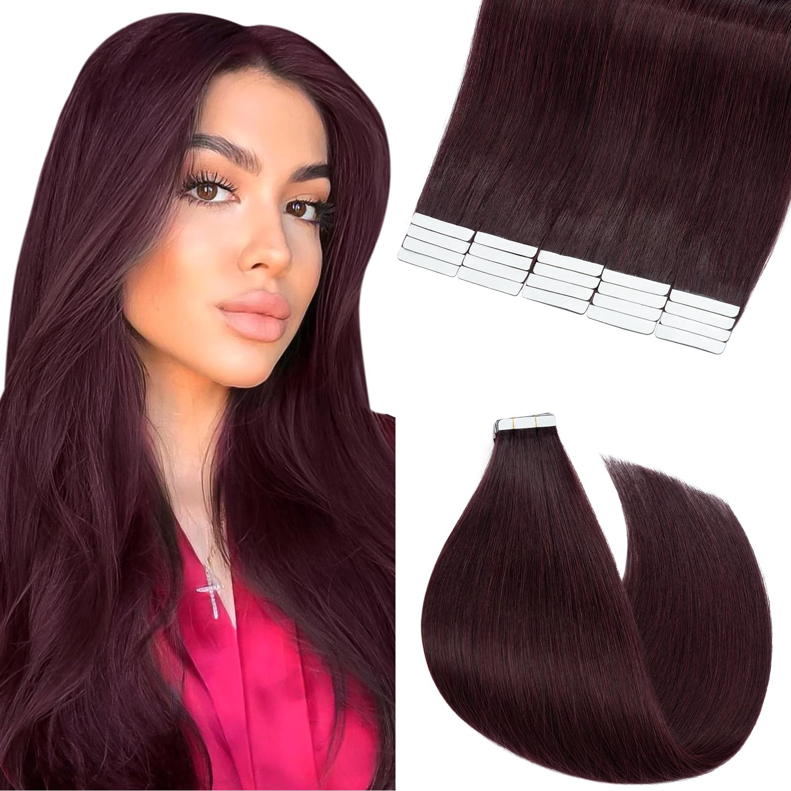 Elailite Tape in Hair Extensions Real Human Hair 20 Pcs - Invisible Skin Weft Real Remy Hair Extension Straight (#99J Wine Red, 22 Inch-50g) — image 1