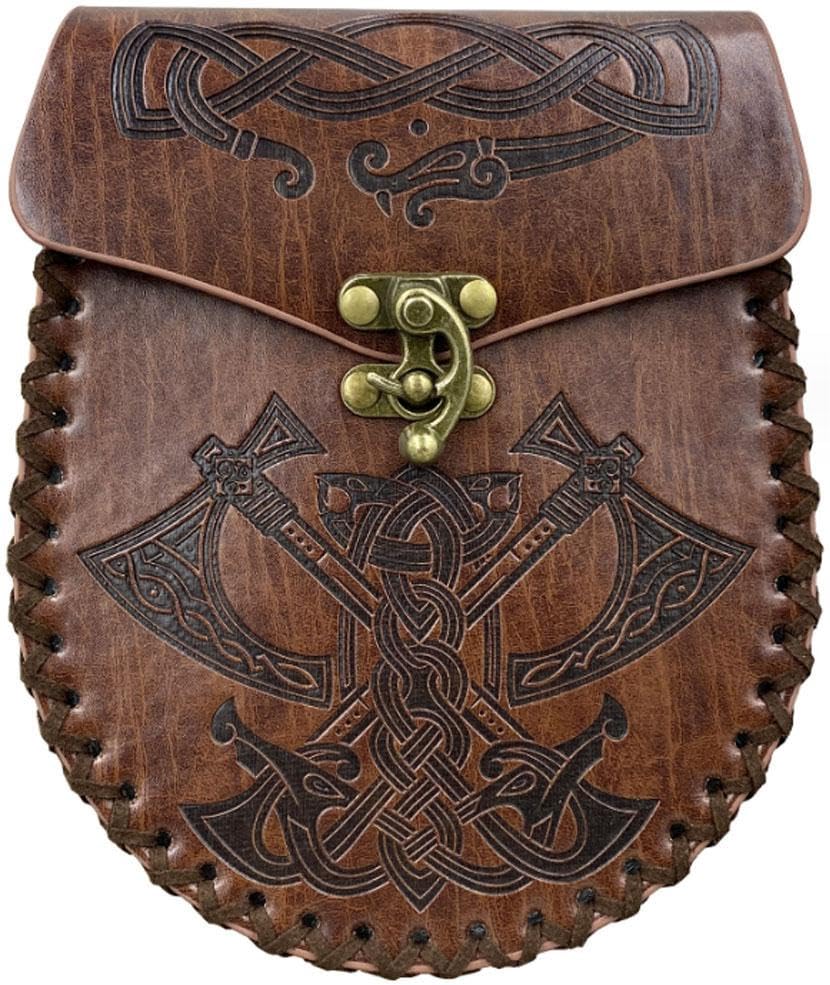 Oaygat Medieval Faux Leather Pouch Nordic Embossed Belt Bag Viking Drawstring Belt Bag for Hiking Archery LARP Fantasy Events Halloween Ren Faire Money Coin Holder Costume Accessory for Men Women
