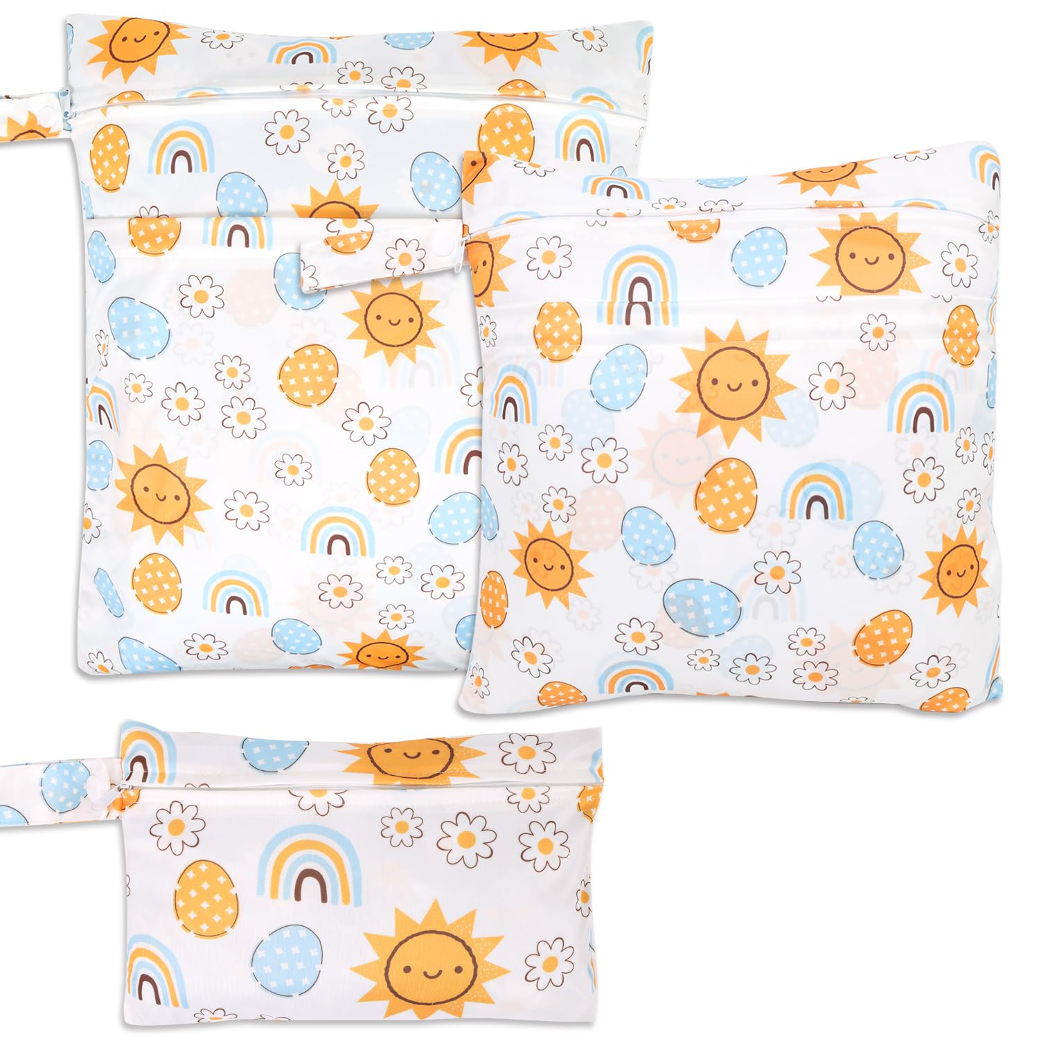 FanChose 3 Pcs Baby Wet Dry Cloth Diaper Bag, Reusable Diaper Wet Bag, Washable Diaper Nappy Bags Waterproof Travel Carry Bag, Foldable Portable Nappy Pouch, Rainbow Sun