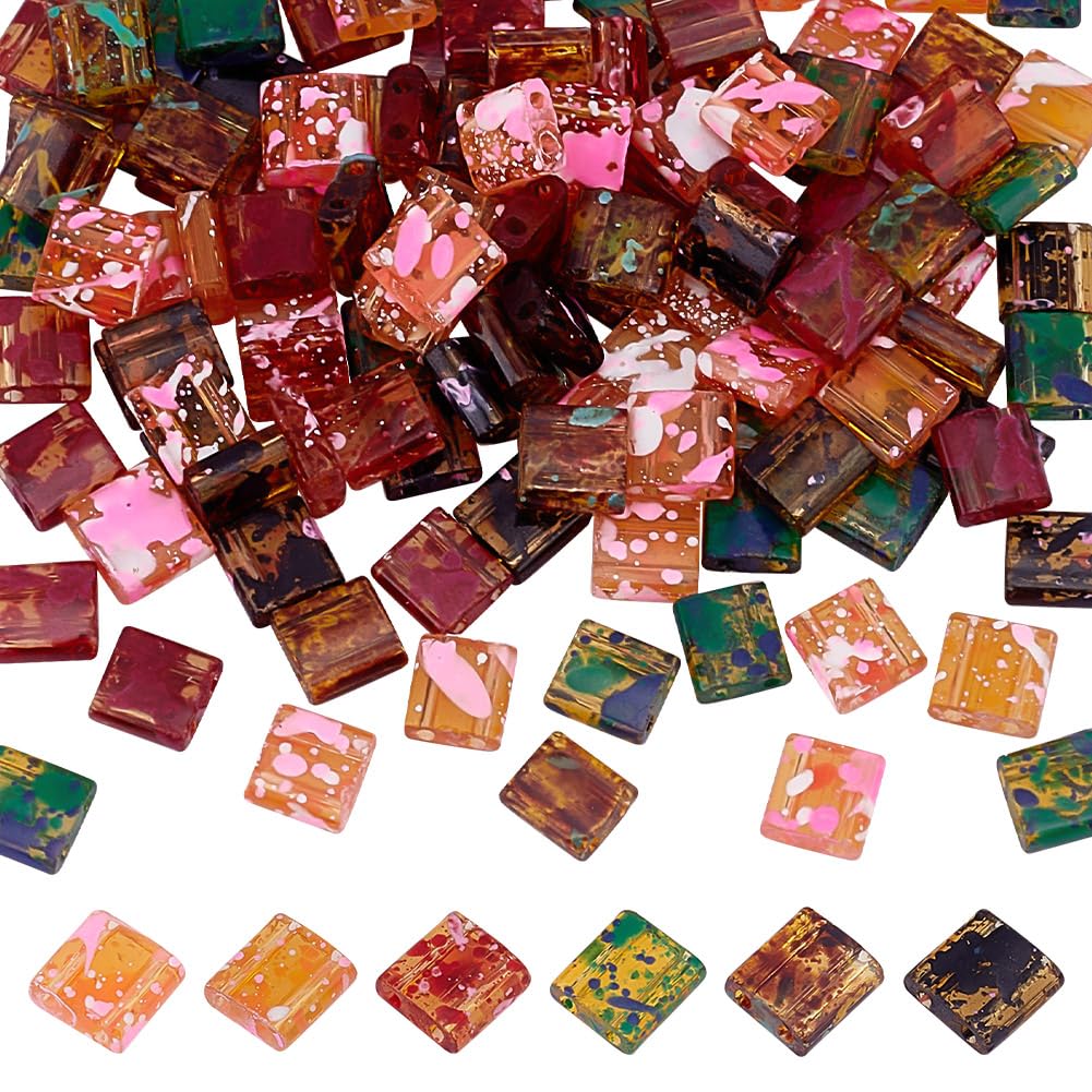 arricraft 120 Pcs Antique 2 Hole Glass Seed Beads, 6 Colors Crackle Beads Clear Flat Square Beads 2 Hole Spacer Beads Japanese Glass Beads for Multi Cord Bracelet Jewelry Making