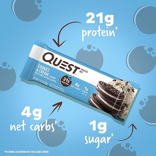 QUEST NUTRITION COOKIES & CREAM PROTEIN BARS, 21G PROTEIN, 1G SUGAR, 4G NET CARB, GLUTEN FREE, KETO FRIENDLY, 12 COUNT