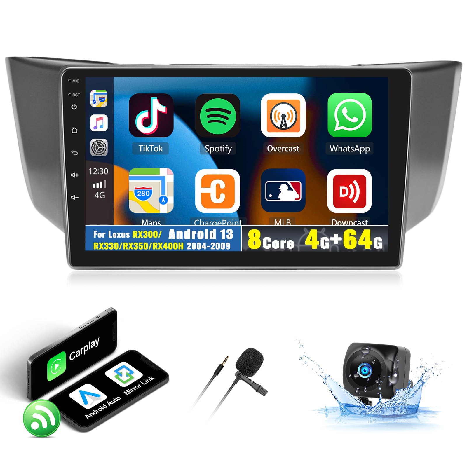 Photo 1 of UNITOPSCI 4G+64G 8 Core Android 13 Car Stereo for Lexus RX300/RX330/RX350/RX400H 2004-2009 Radio Wireless CarPlay Android Auto GPS 9” Touchscreen Bluetooth 5.0 DSP WiFi FM/RDS SWC + Backup Camera Mic