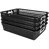 Really Good Stuff Multi-Purpose Small Desktop Paper Storage Baskets, 4 Pack | 14" x 10" x 3.25", Black, Classroom Organization, Stackable Mesh Plastic Baskets with Grip Handles