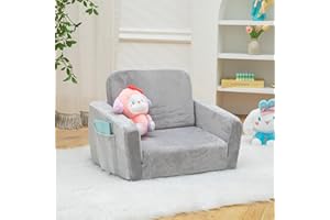 SUFUS Baby Toddler Couch Sofa Chair Kids Foldable 2-in-1 Toddler Fold Out Couch Bed for Playroom, Pull Out Children Convertible Sofa Chair to Lounger Sleeper for Boys & Girls with Double Pockets, Dark Grey