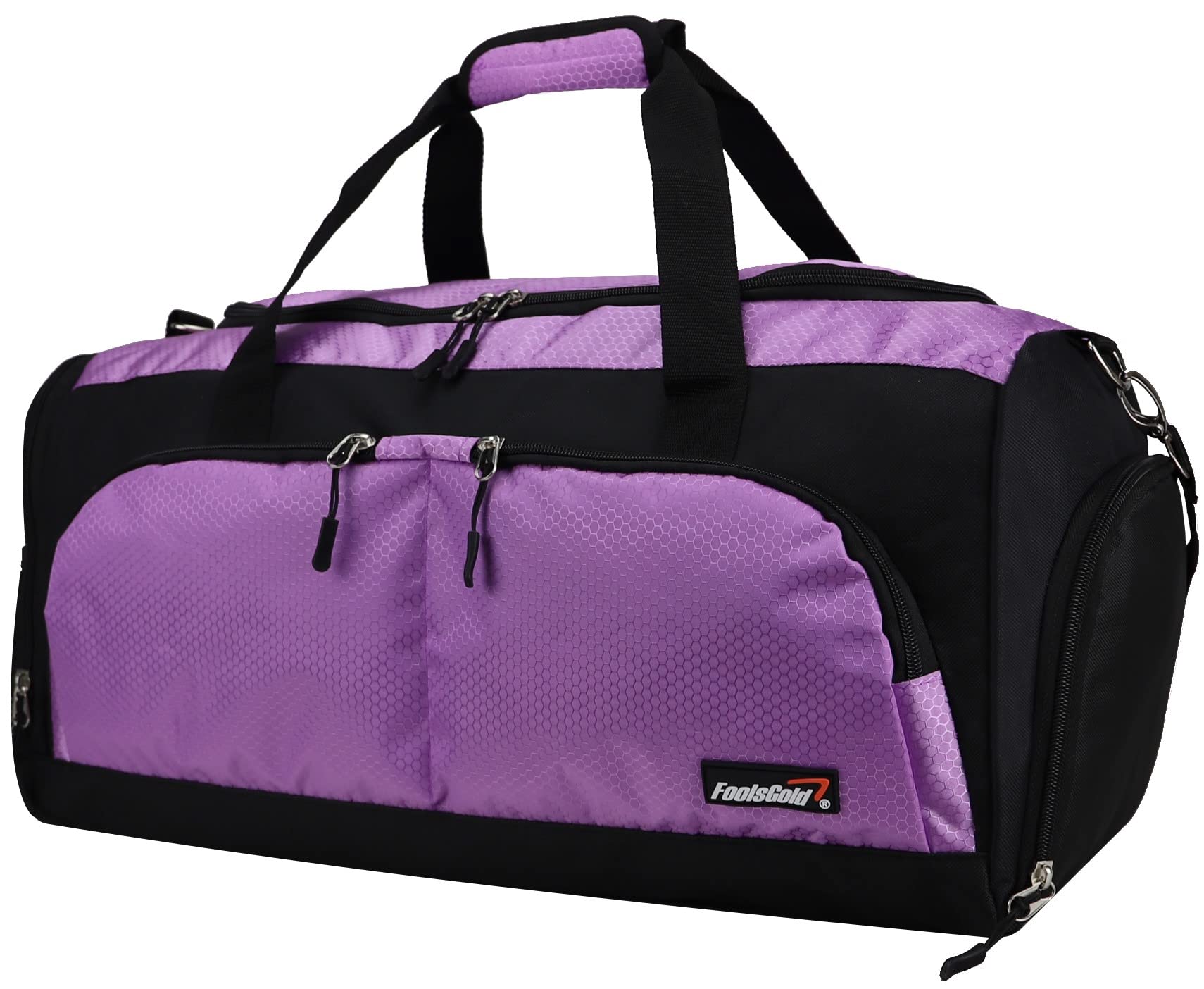 foolsGold Gym Duffle Bag with Shoe Compartment – Large Sports Holdall with Multiple Pockets, Fully Lined Interior, Durable 600D Polyester, Padded Strap & Base Pads – Purple
