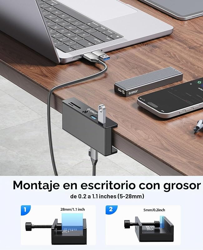 Hub USB 3.0, hub USB clamp com porta de alimentação adicional, adaptador USB C em alumínio com 2 portas de dados USB-A, leitor de cartões AUX SD/TF de 3,5mm para