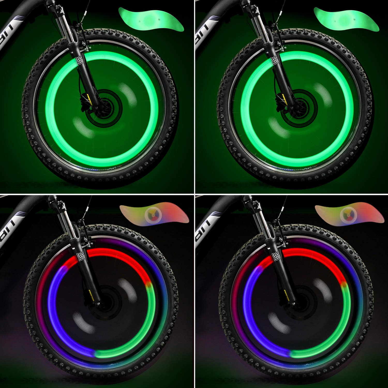 TAGVO 4pcs Bike Spoke Light(Red+Green+Blue+Multicolour) with Delicate Box,Waterproof Easy Install Wheel Spoke Lights LED Neon Tire Flash Lamp with 3 Flash Modes,for Both Adults Kids Bike