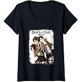 Women's Attack on Titan Group Portrait with Swords and Logo Anime V-Neck T-Shirt