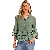 Allegra K 3/4 Bell SleeveTops for Women's Summer Casual Ruffle Hem Button Down Dressy Eyelet Blouse