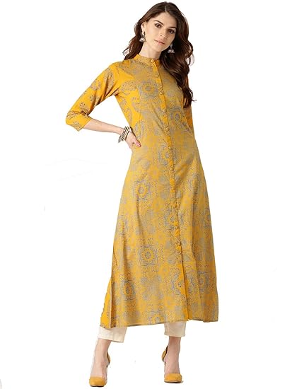 Women Mustard Yellow & Blue Printed A-Line Kurta