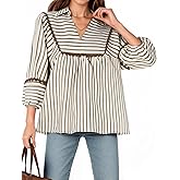 Tankaneo Womens Striped Babydoll Tops Oversized 3/4 Sleeve Peplum Blouse Loose Fit Pleated Cute Shirts