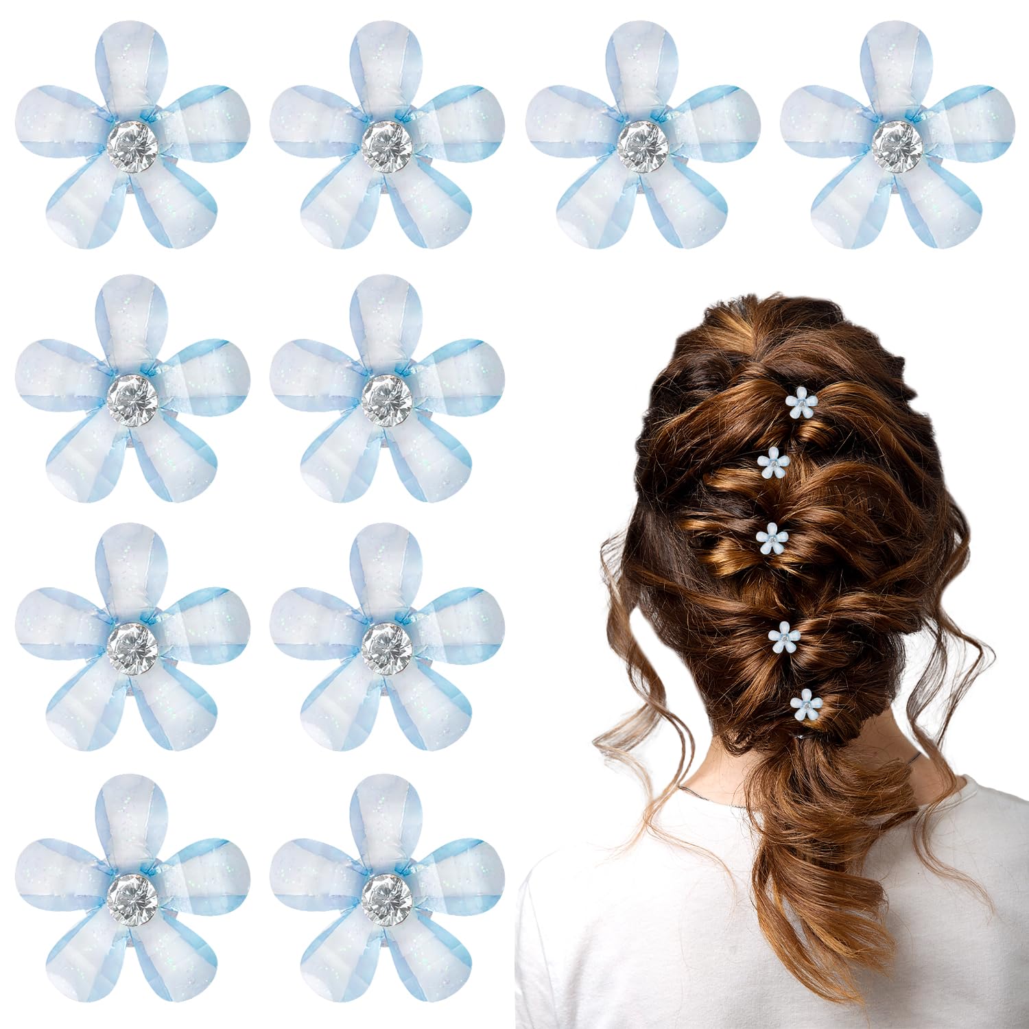 Mini Flower Hair Clips with Rhinestones, Pack of 10 – For Women & Girls, Daily, Party, Wedding – Blue
