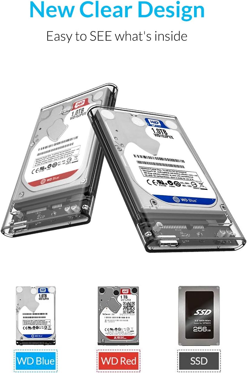 ORICO 2.5 USB 3 External Hard Drive Enclosure, USB3.0 to SATA Portable Clear Hard Disk Case for 2.5 inch 7mm 9.5mm SATA HDD SSD, Support UASP SATA III, Max 4TB, Tool-Free Design - Clear: Computers & Accessories