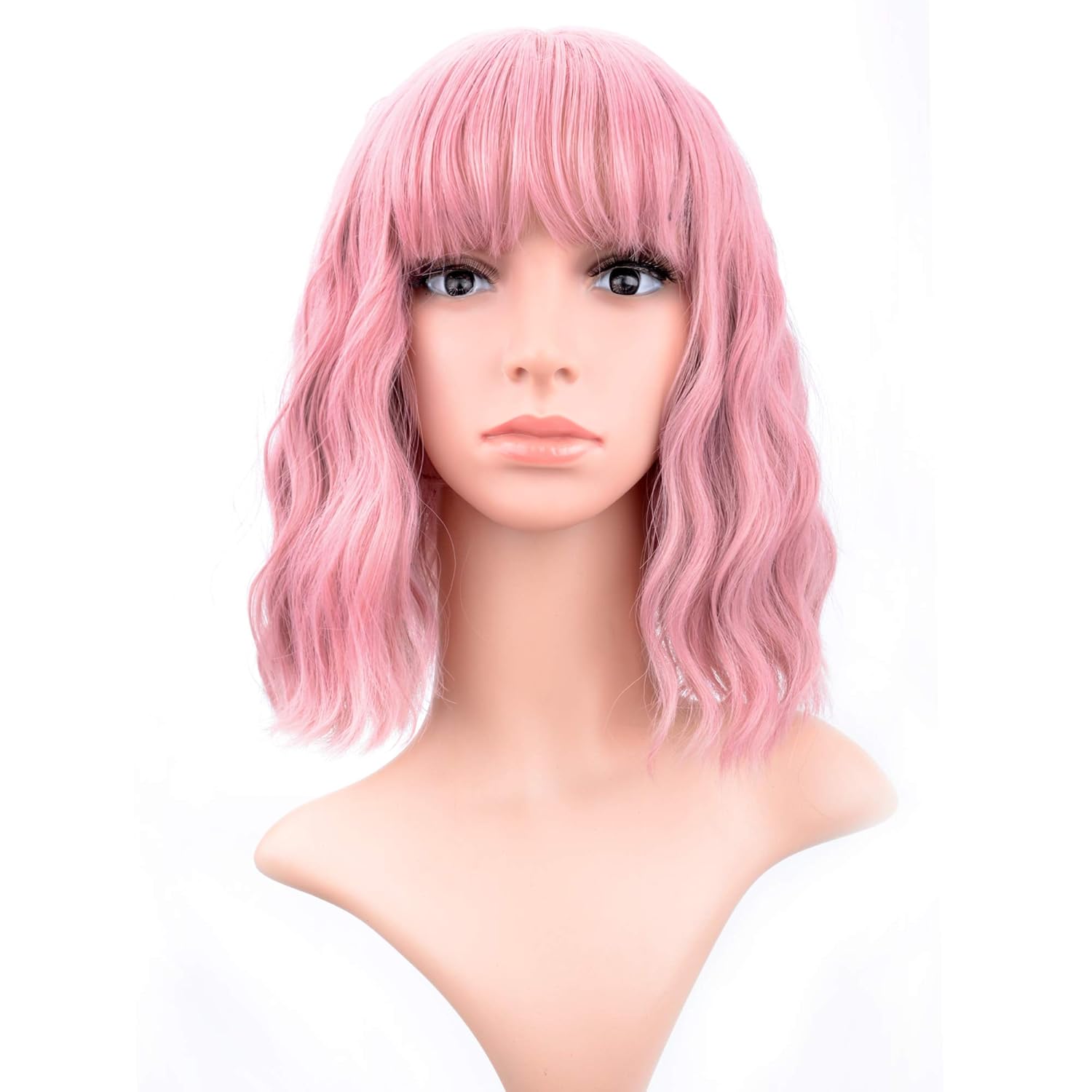 Pastel Wavy Wig With Air Bangs, Short Bob Pink Wig Curly ...