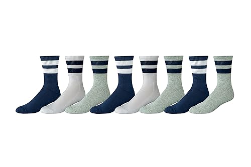 Amazon Essentials Men's Retro Stripe Crew Sock, 8 Pairs, Grey/Navy/White, 13-15