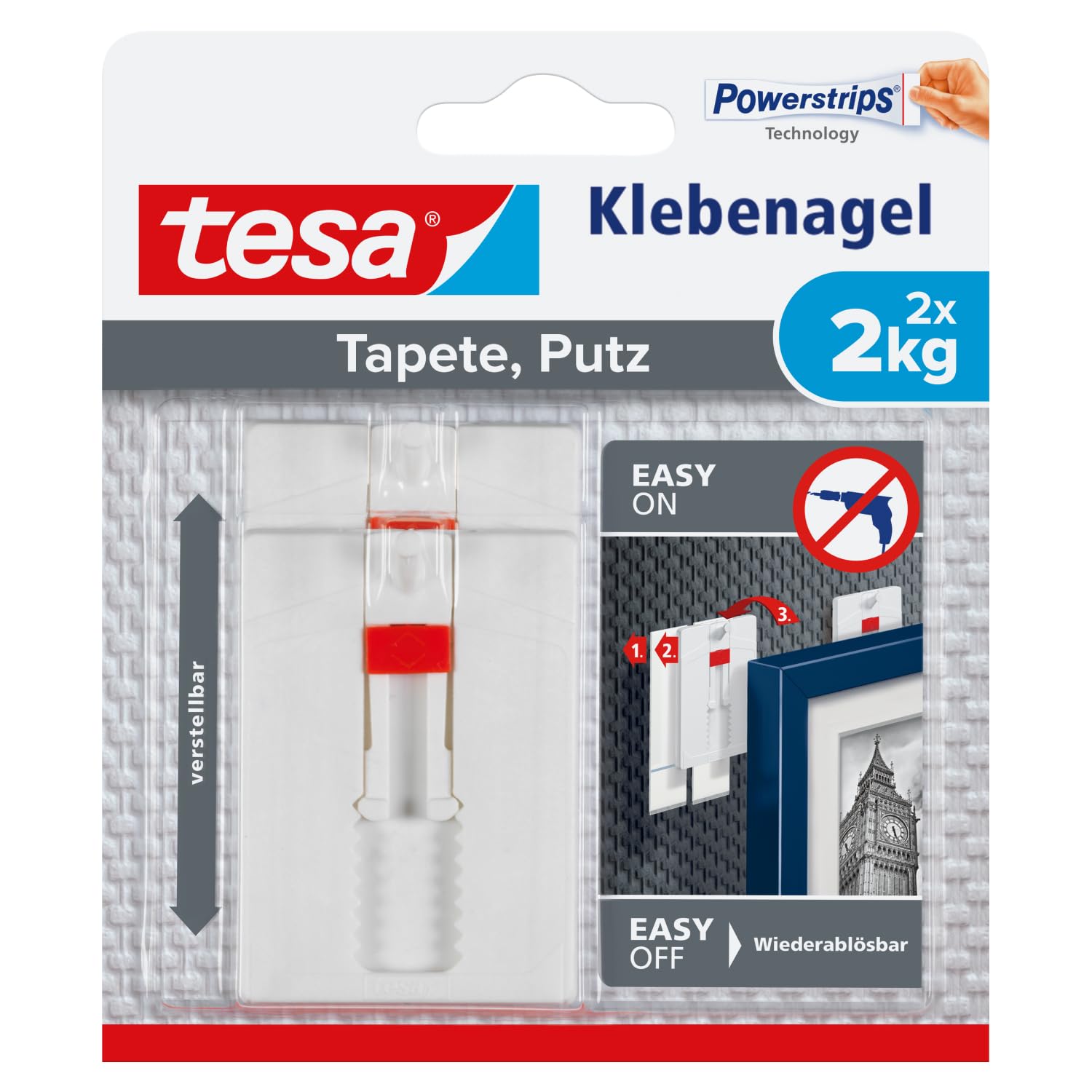 tesa Adjustable Adhesive for Wallpaper and Plaster 2kg - Height Adjustable No Nails Picture Hanger - Pack of 2 Adhesive Nails and 6 Strips