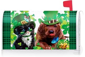 Texupday Cute Cat and Dog with Hat Shamrock Decoration St.Patrick's Day Mailbox Cover with Magnetic Strip Holiday Mailbox Wraps Post Box Cover Standard Size 21" X 18" for Garden Outdoor Yard Decor