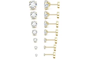 Fansilver 7-12Pairs 20G Hypoallergenic Brithstone Stud Earrings for Women Men Flatback Earrings Stainless Steel Cubic Zirconia Earrings Piercing Ear Cartilage