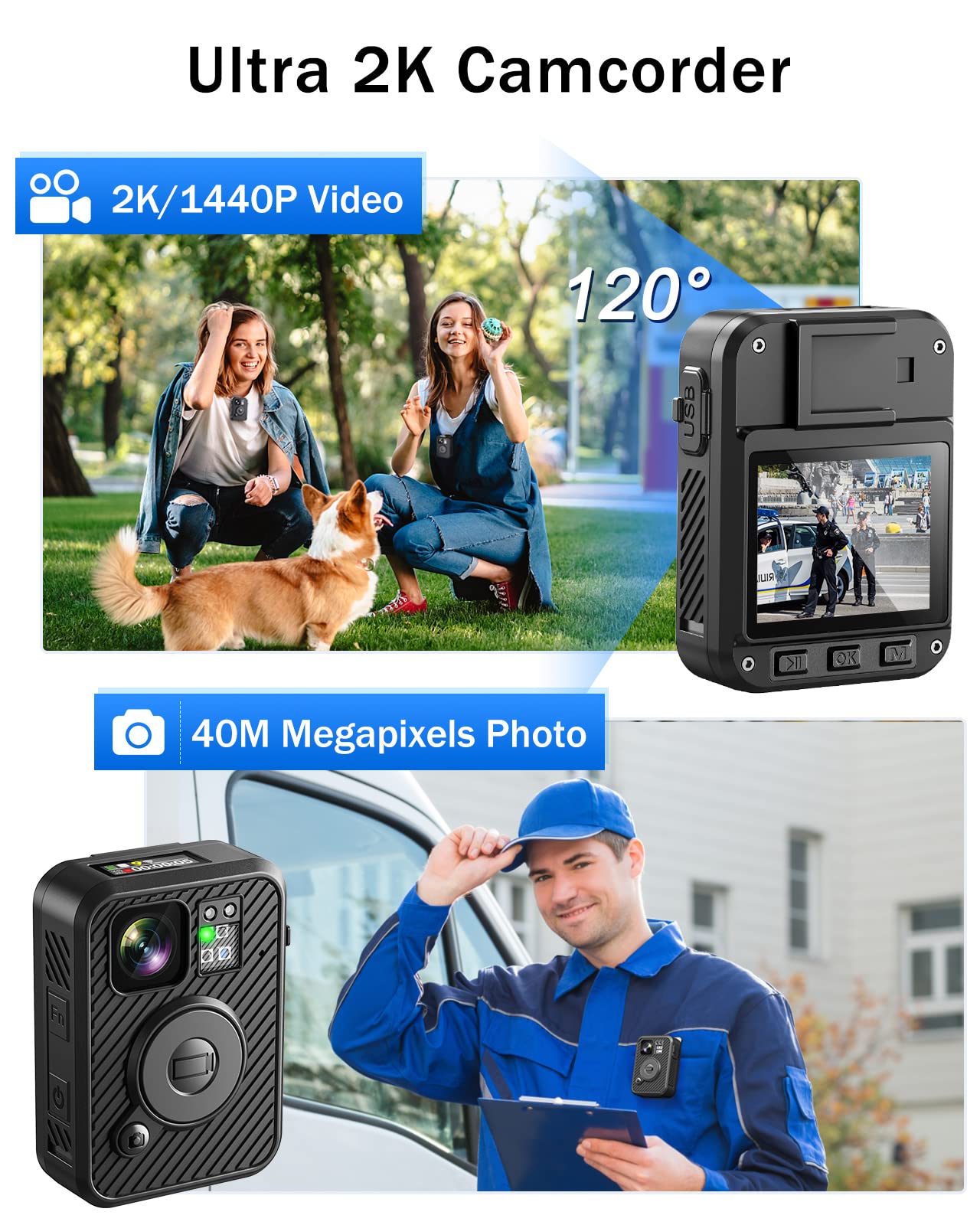 BOBLOV Body Camera, F2 64GB Body Worn Camera, GPS WiFi Enabled,1440P/30fps 2K Body Camera for HD Video, Dual Screens Display Equipped, for Security Guard, Police, Delivery Recording