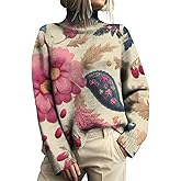 Turtleneck Sweater for Women Floral Print Causal Knitted Chunky Pullover Sweaters 2025 Fall Winter Jumper Tops