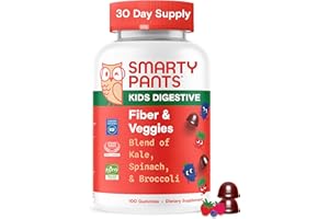 SmartyPants Kids Fiber & Veggies: Prebiotic Fiber Gummies for Kids, Organic Green Veggie Blend, Vegan, Gluten Free, Mixed Berry Flavor, 100 Count (50 Day Supply)