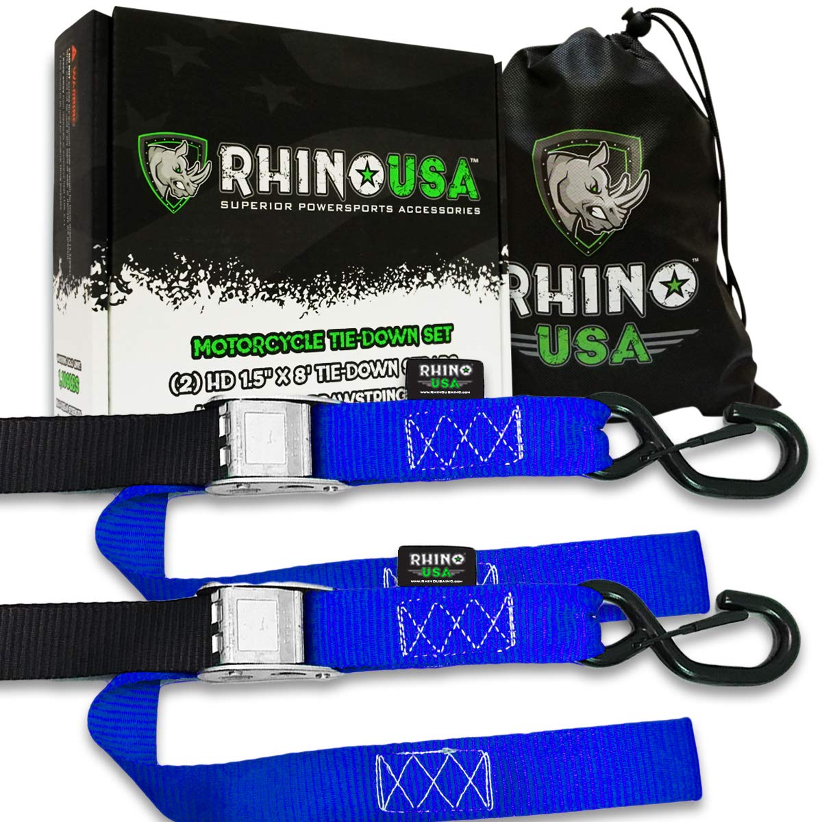 RHINO USA Motorcycle Tie Down Straps (2 Pack) Lab Tested 3,328lb Break Strength,