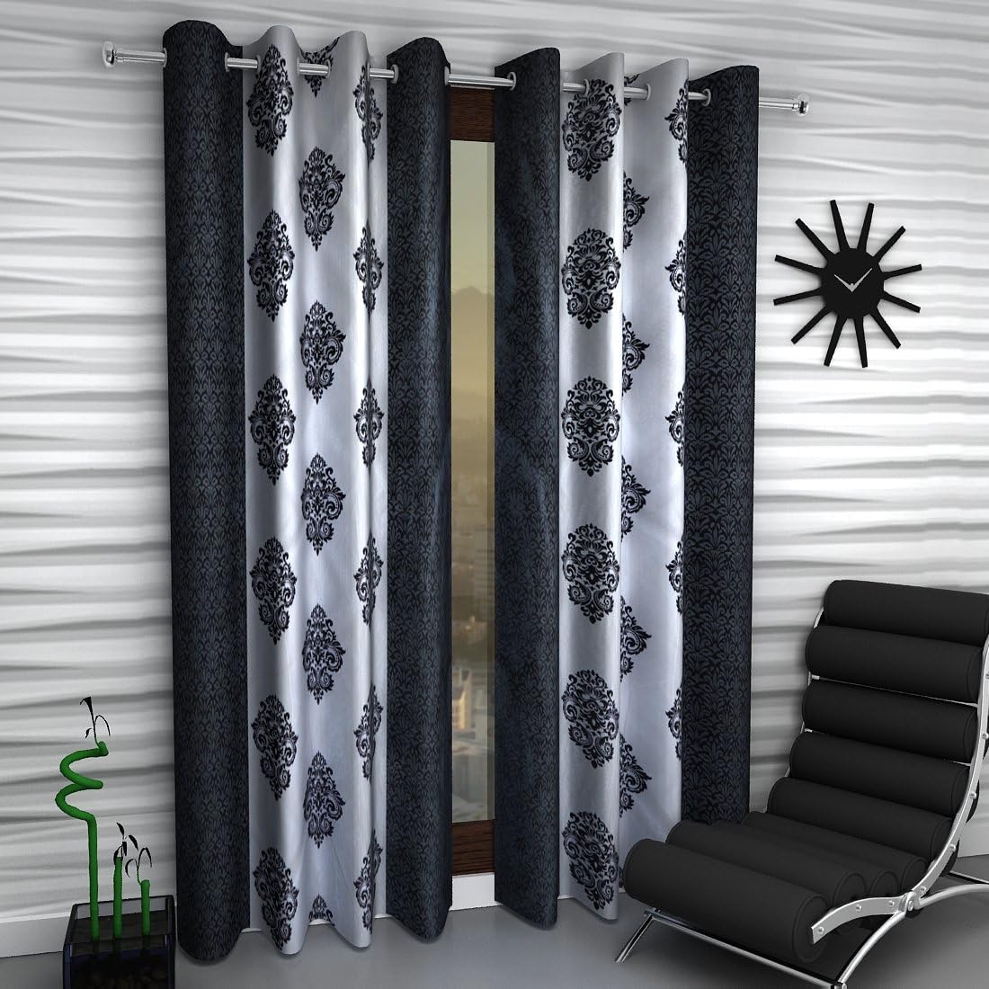 Home Sizzler 2 Piece Eyelet Polyester Long Door Curtain Set - 9ft, Black
