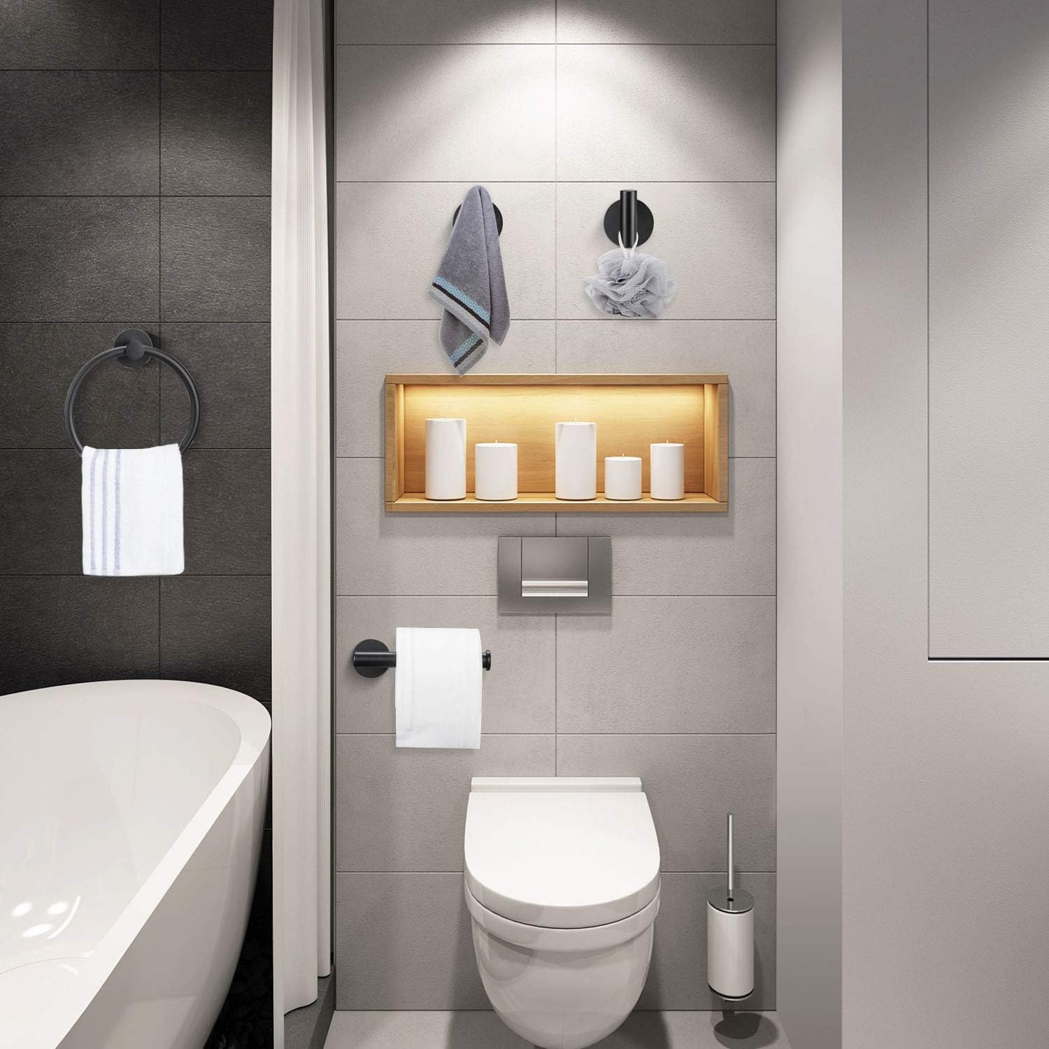 Pynsseu 304 Stainless Steel Bathroom Hardware Accessories Set Matte Black 3-Piece Set Includes Hand Towel Ring, Robe Towel Hook, Toilet Paper Holder Heavy Duty Wall Mount Bathroom Holder: Home & Kitchen
