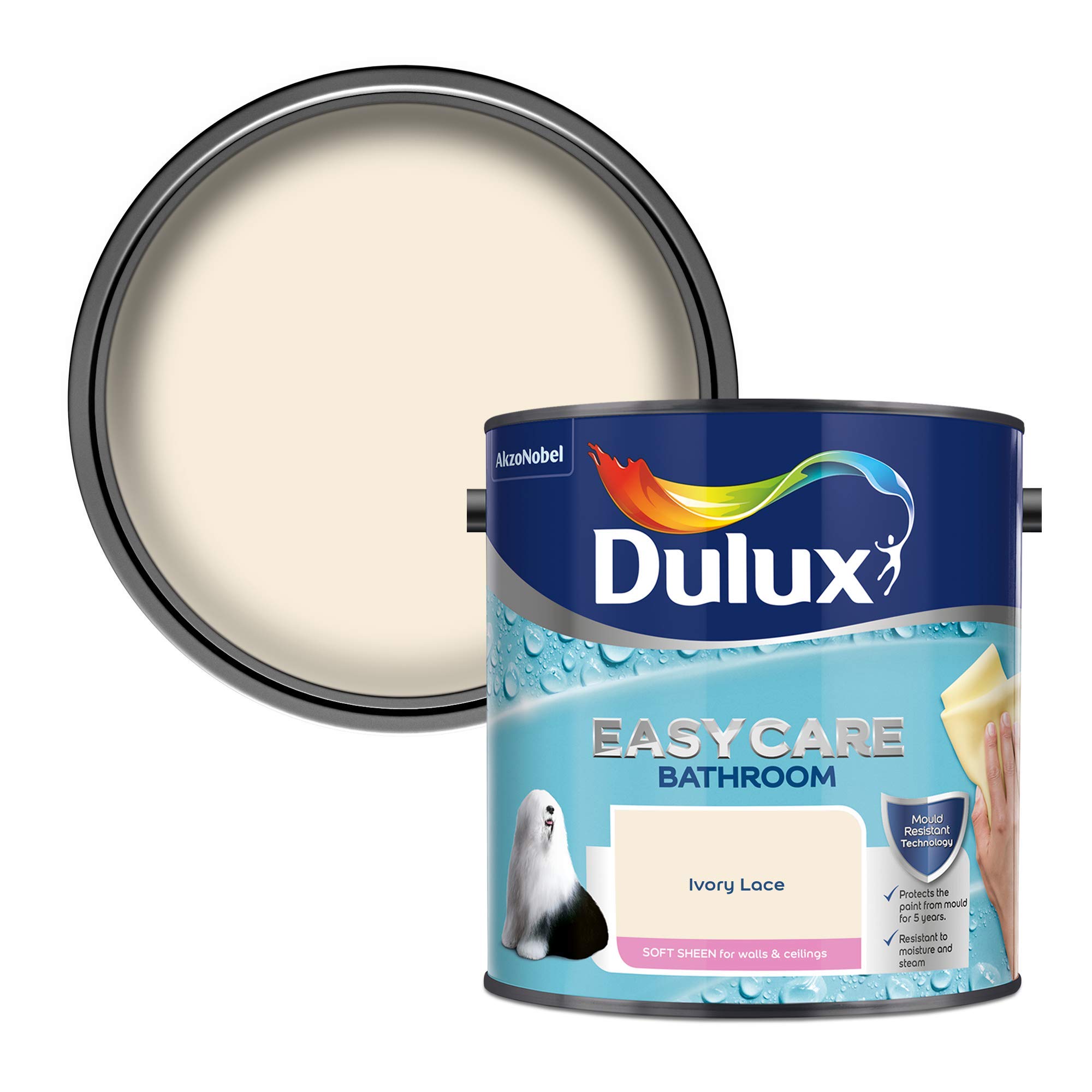 Dulux 5275839 Easycare Bathroom Soft Sheen Emulsion Paint For Walls And Ceilings - Ivory Lace 2. 5 Litres