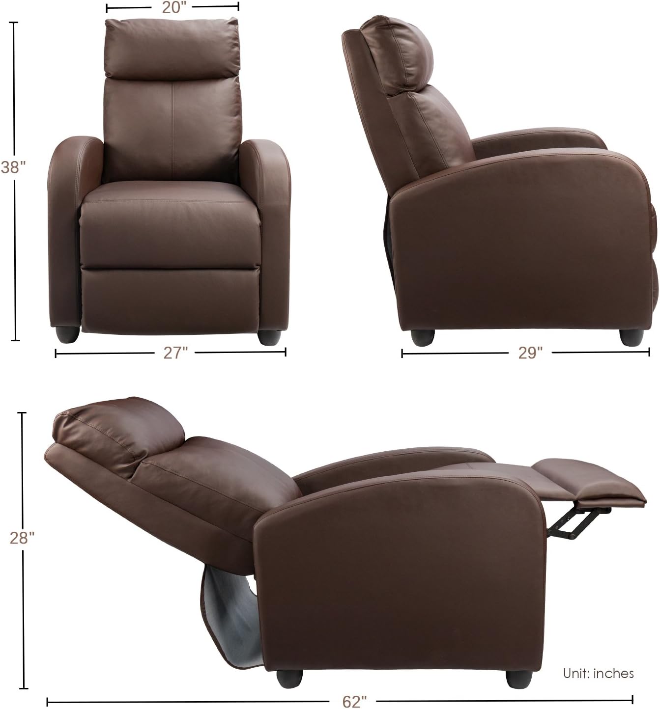 Devoko Recliner Chair Massage Home Theater Seating PU Leather Modern Living Room Chair Padded Cushion Reclining Sofa (Brown): Kitchen & Dining