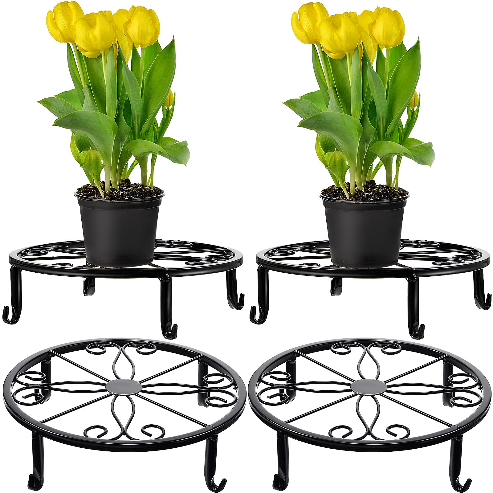 Hotop 4 Pieces Metal Potted Plant Stand Round Iron Floor Flower Supports Holder Decorative Garden Pots Containers Stand for Home Garden Patio Planting Support(Black)