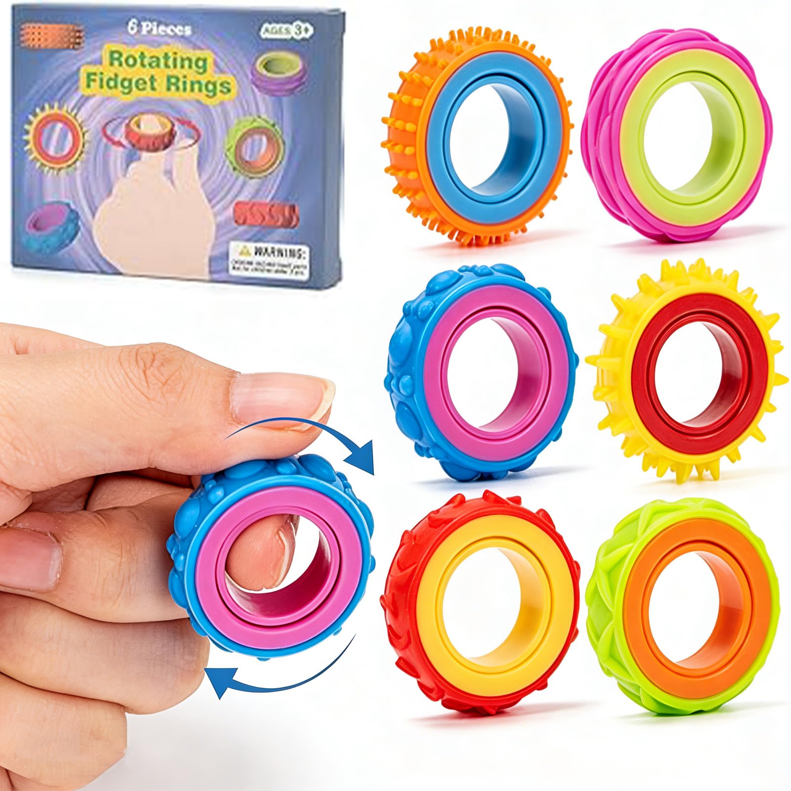 6 Pack Fidget Sensory Rings For Adults & Children,Textured Finger Spinner Rings,Texture Stress Finger Toys for Autism Calming,Fidget Toys For Kids,Anxiety Relief,for Classroom & Office