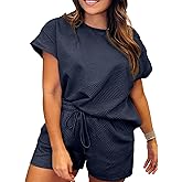 Eytino Women Plus Size 2 Piece Outfits Sweatsuit Short Sleeve Pullover Tops and Drawstring Shorts Pants(1X-5X)