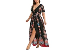 LFEOOST Plus Size Dresses for Curvy Women Boho Short Sleeve Sexy V Neck Empire Waist Split Hem Floral Beach Flowy Maxi Dress