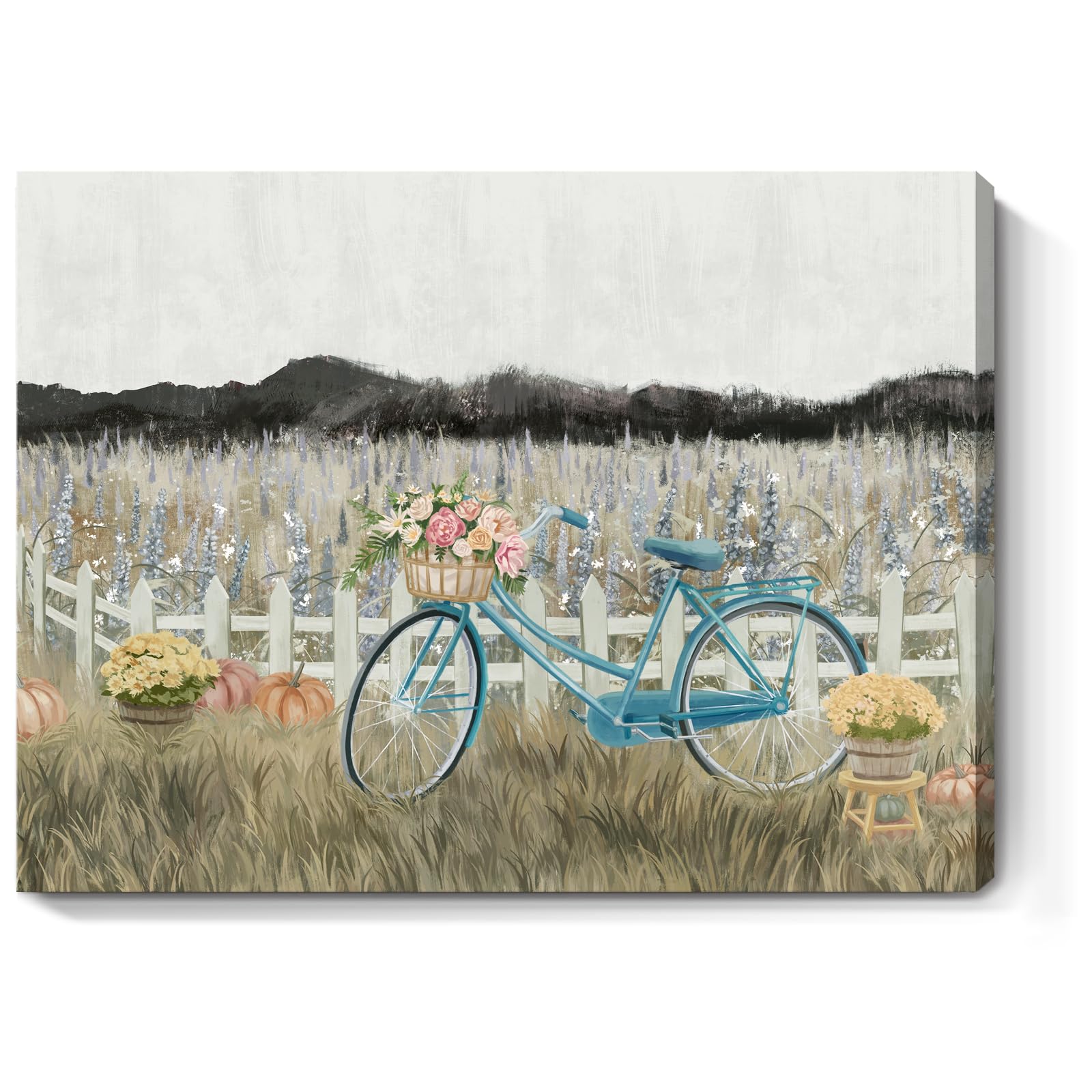 Farmhouse Decor Bathroom Fall Wall Art Vintage Boho Landscape Nature Canvas Picture Mountains, Bicycle Lavender Flowers Floral Neutral Small Artwork for Modern Organnic Country Rustic Cottagecore Bedroom